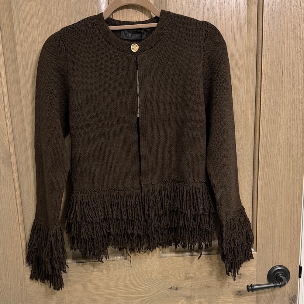 Zara Dark Brown Fringed Cardigan NWT